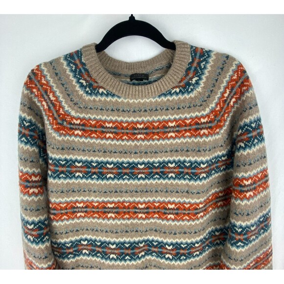 J.CREW Sweater Mens Medium Tan Orange Blue Fair Isle Stripe 100% Lambswool Soft - Picture 2 of 11
